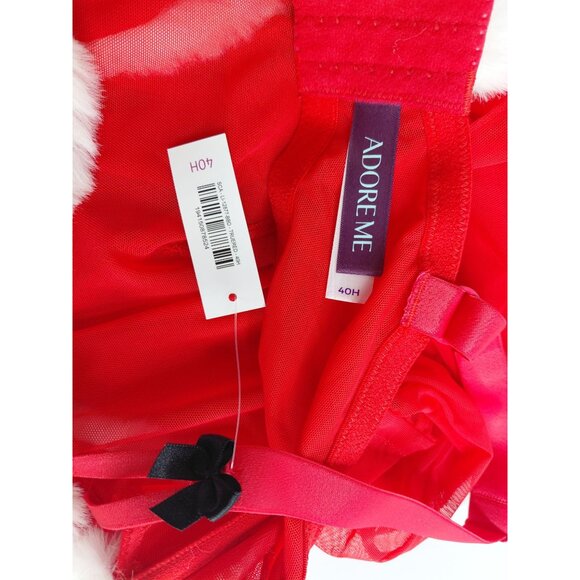 Adore Me Sheer Red Babydoll Lingerie With Faux Fur Trim & Pom Poms Size 40H - Picture 6 of 8